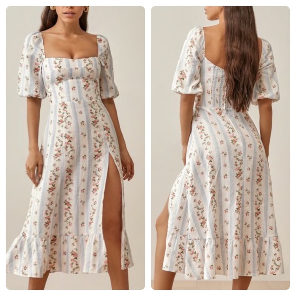 Reformation White Stripe Floral Midi Dress with Pink Roses